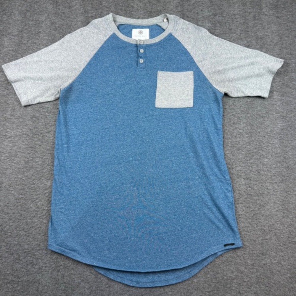 On The Byas Henley Shirt Mens Small‎ Blue Grey Raglan Short Sleeve Pocket Tee